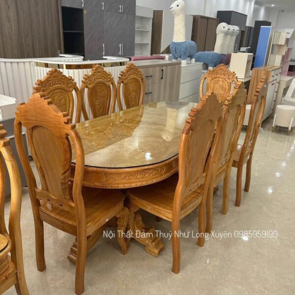 Bàn ăn oval gỗ bên 8 ghế
