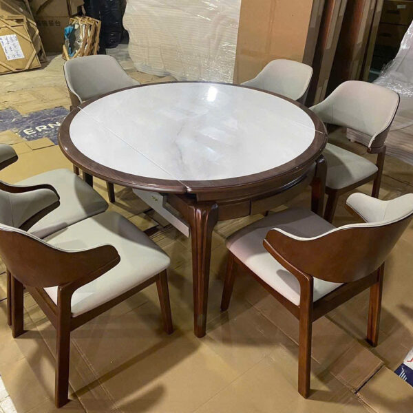 Bộ Bàn Ăn Rút Tăng Chỉnh Tròn Kèm 6 Ghế